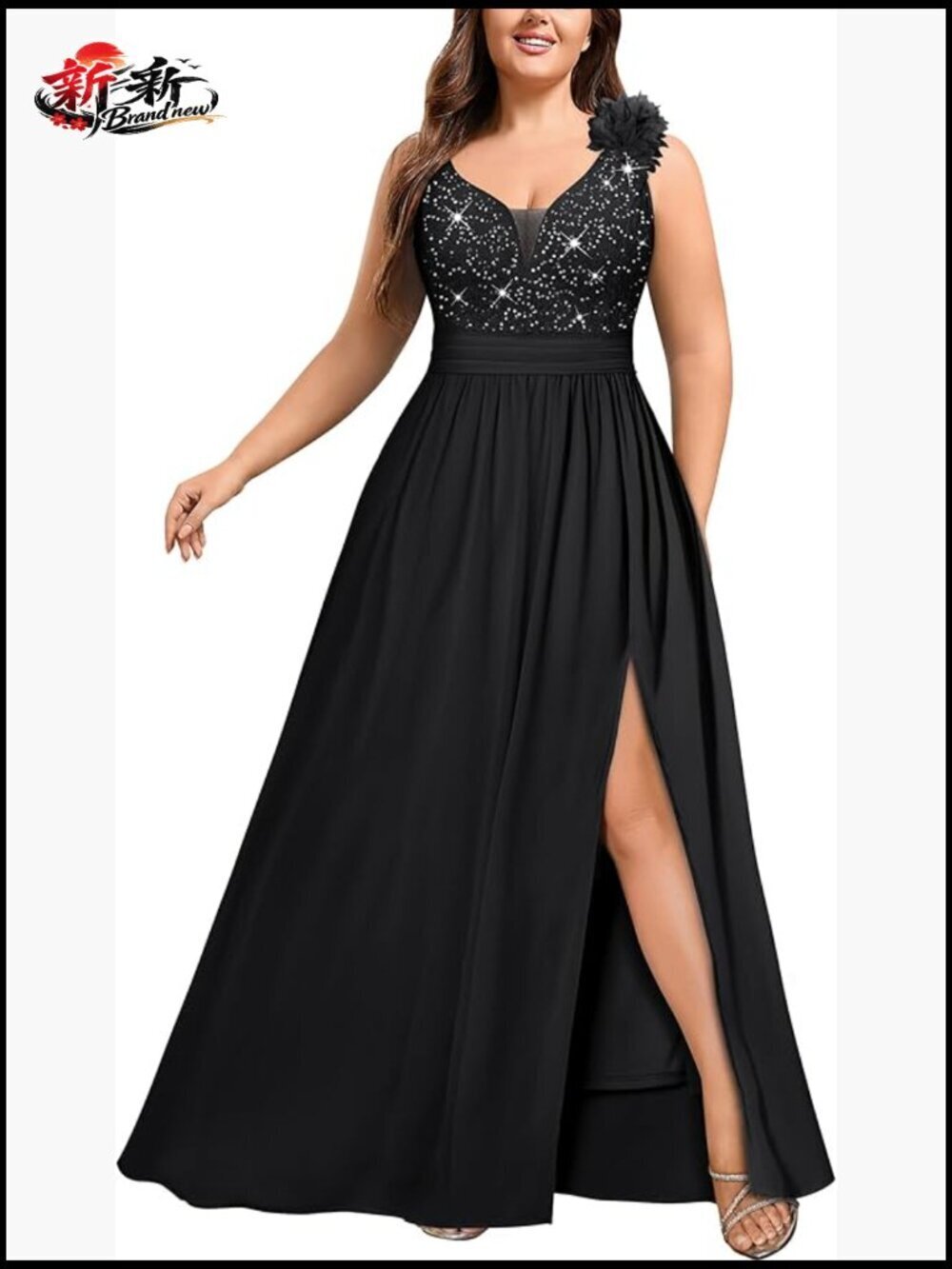 Sequined Lace Formal Maxi Dress with V-Neck and Side Slit